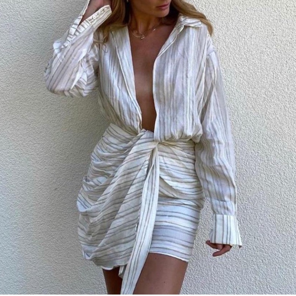 House of CB Natural Striped Linen Draped Shirt Mini Dress Size Small - Picture 2 of 16